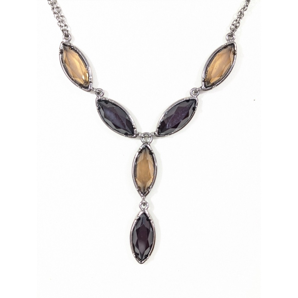 Y2K Smoky Gray Marquise‎ Cabochon Necklace Y-Drop Minimalist 2000s Moody 20"
